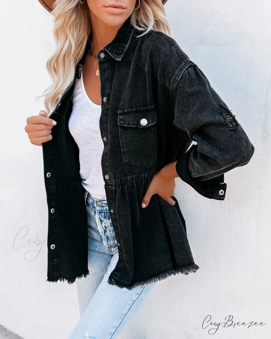 Distressed Denim Button Down Shirt Jacket