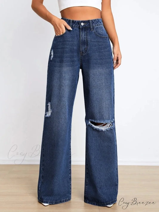 Distressed Details Graceful Denim Boyfriend Jeans Blue / S