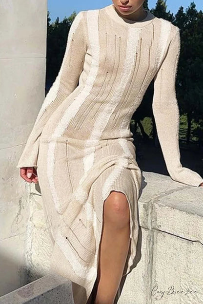 Distressed Hollow Out Knit Dress Khaki / M