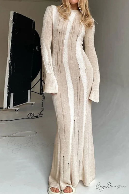 Distressed Hollow Out Knit Dress Khaki / S