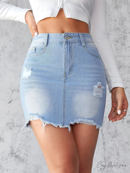 Distressed Raw Edge A-Line Skirt Blue / S skirts-250223
