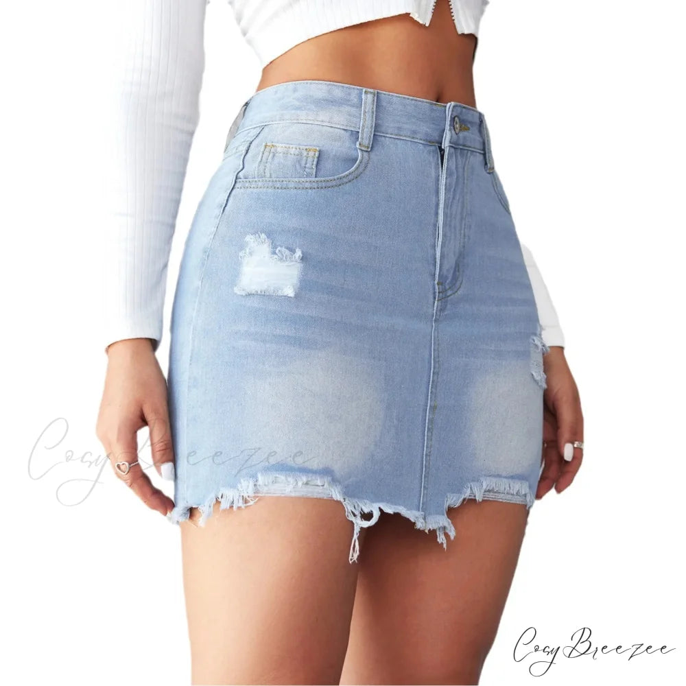Distressed Raw Edge A-Line Skirt skirts-250223