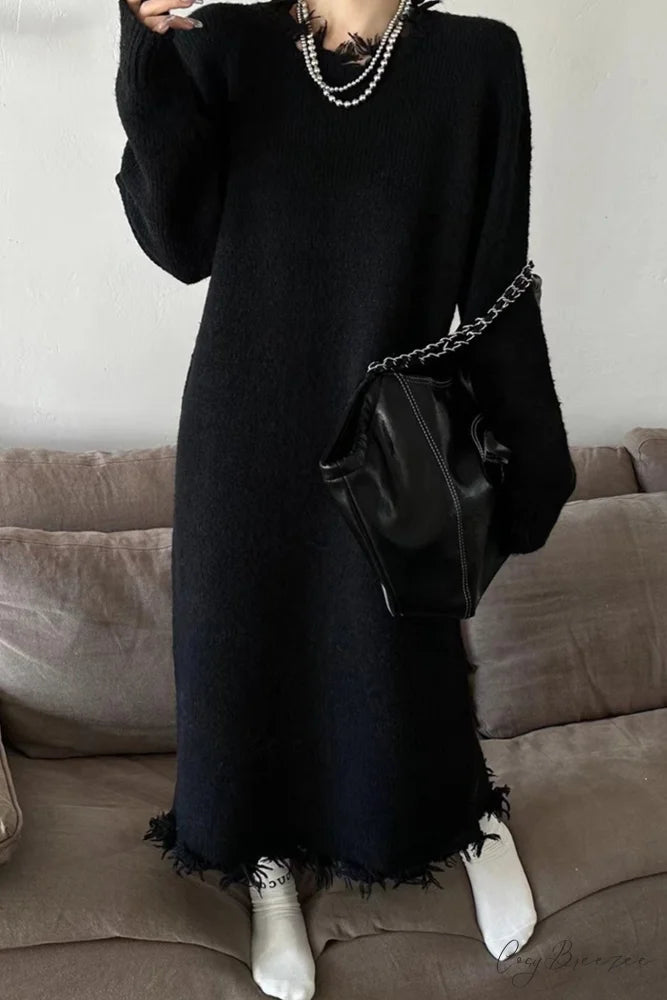 Distressed Raw Edge Knit Dress Black / One Size