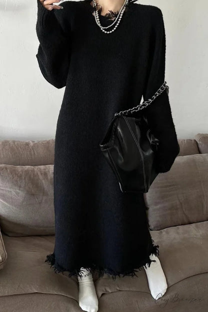 Distressed Raw Edge Knit Dress Black / One Size