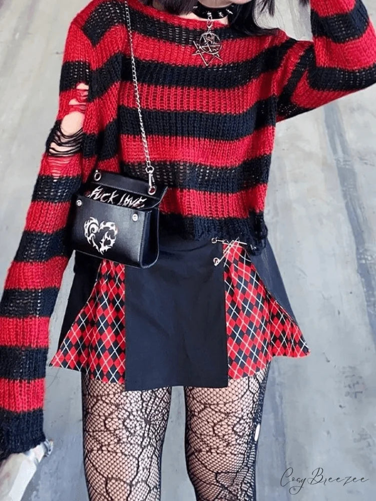 Distressed Stripe Graceful Longline Sweater