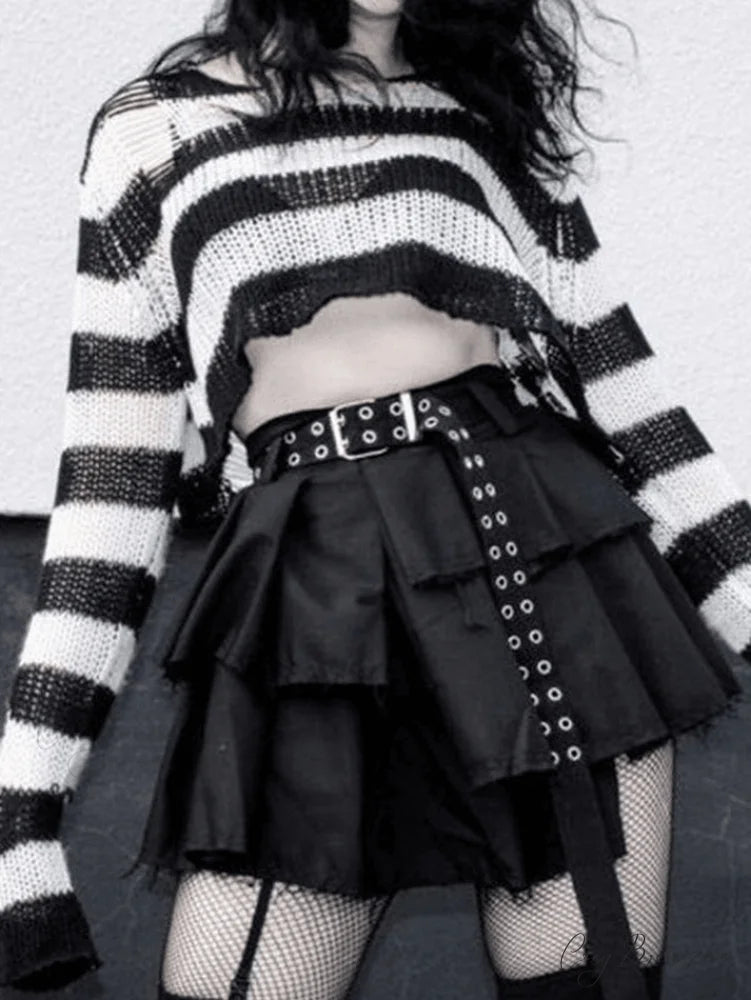 Distressed Stripe Graceful Longline Sweater Black / ONE SIZE