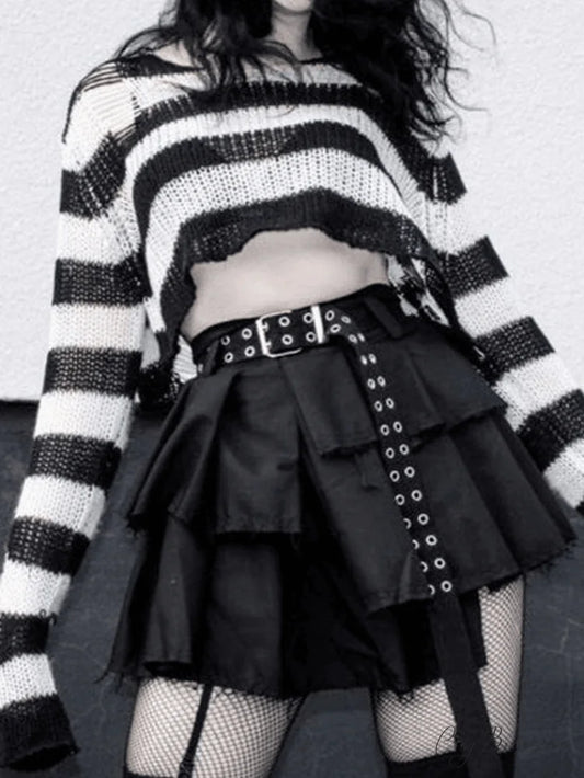 Distressed Stripe Graceful Longline Sweater Black / ONE SIZE