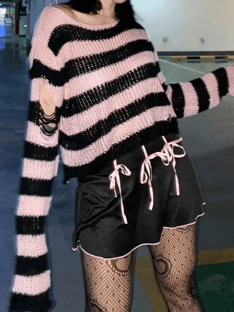 Distressed Stripe Graceful Longline Sweater Pink / ONE SIZE