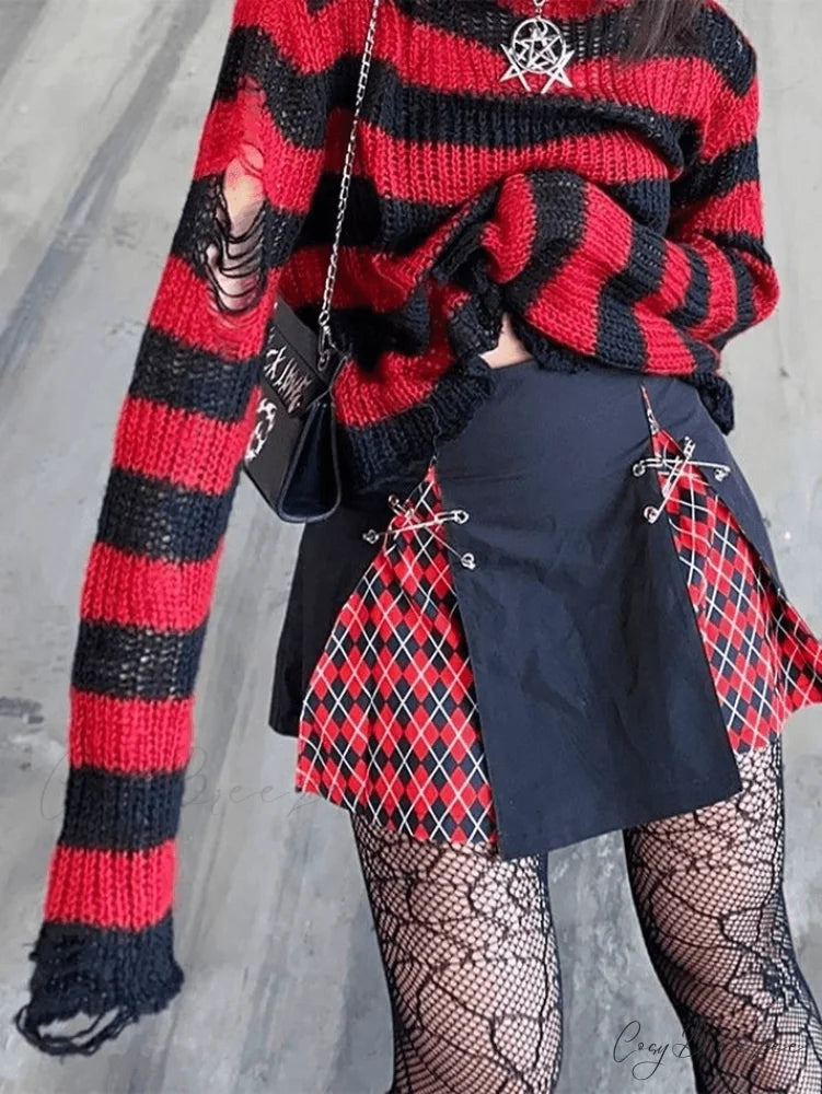 Distressed Stripe Graceful Longline Sweater Red / ONE SIZE