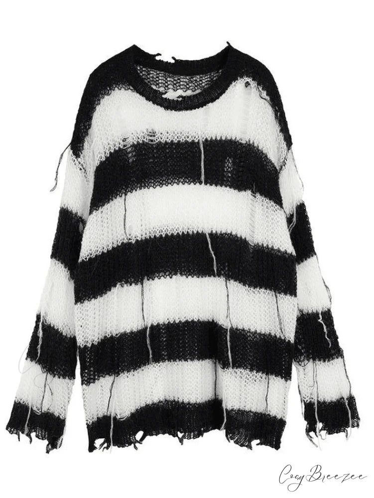 Distressed Striped Graceful Crop Sweater Black / ONE SIZE