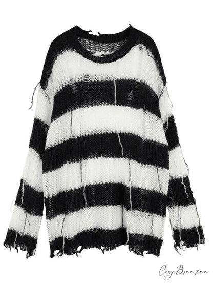 Distressed Striped Graceful Crop Sweater Black / ONE SIZE