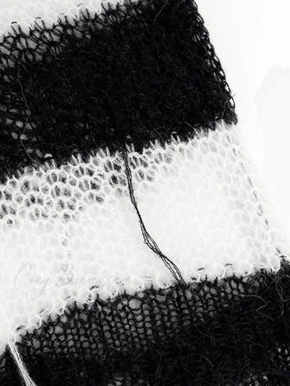 Distressed Striped Graceful Crop Sweater Black / ONE SIZE