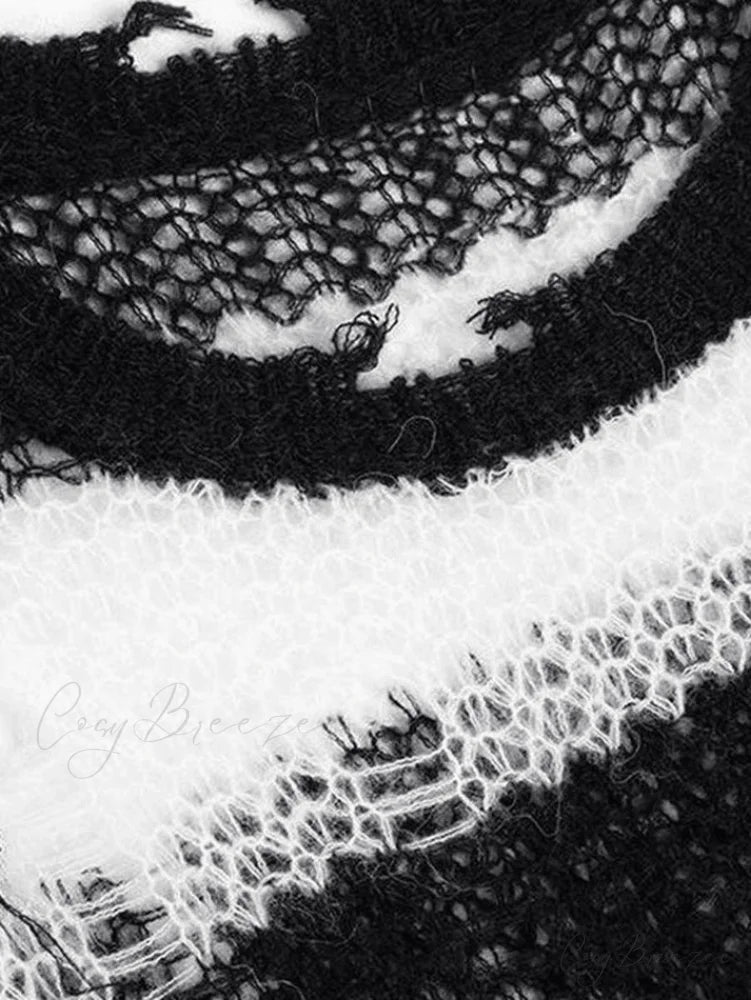 Distressed Striped Graceful Crop Sweater Black / ONE SIZE