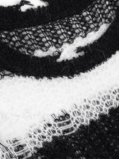 Distressed Striped Graceful Crop Sweater Black / ONE SIZE