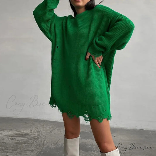 Distressed Trim Pullover Sweater Modern Mini Dress - Black S / Emerald Green