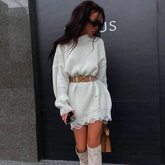 Distressed Trim Pullover Sweater Modern Mini Dress - Rose S / White