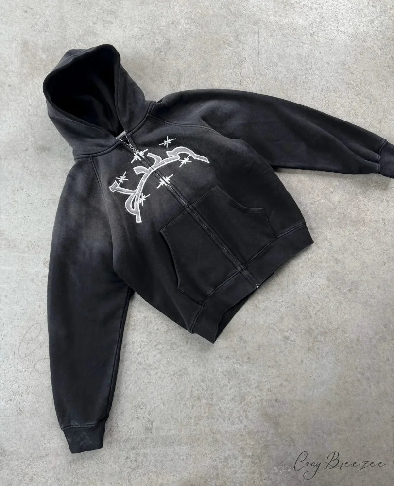 Divin Embroidery Zip-Up Hoodie black 5 / M hoodies-241228