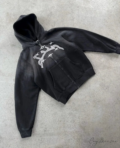 Divin Embroidery Zip-Up Hoodie black 5 / M hoodies-241228