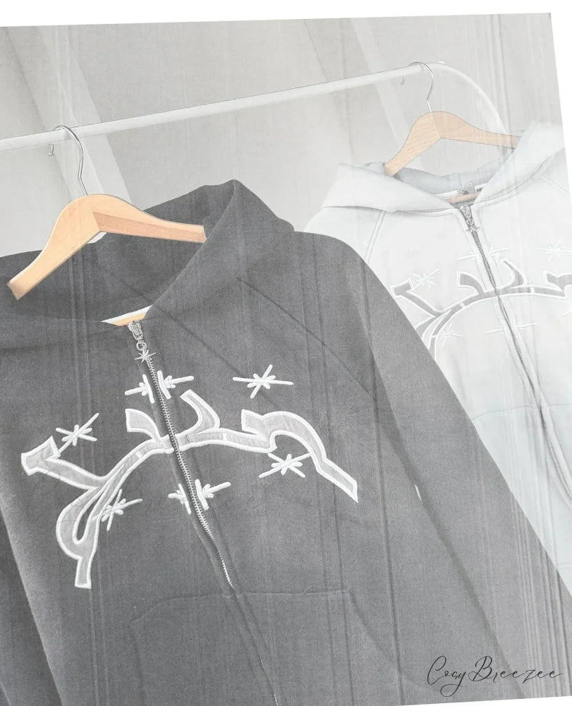 Divin Embroidery Zip-Up Hoodie hoodies-241228