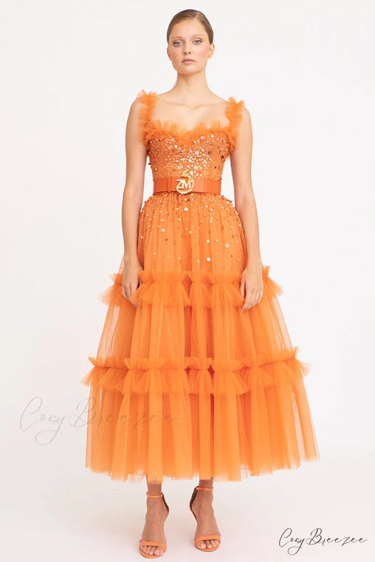 Divine Sweetheart Sequin Trendy Beaded Tulle Evening Dress Orange / 2
