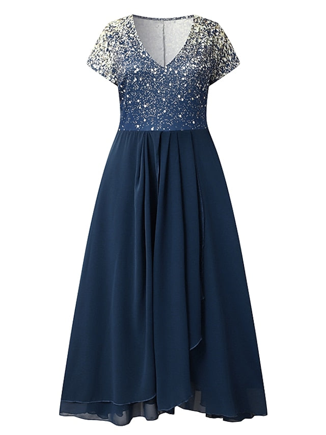 V Patchwork Line Midi A Gown with 2024 Blue Chiffon Navy Color Warm-Season - Neck Women's and Gown Gradient Spring Party - S-3XL