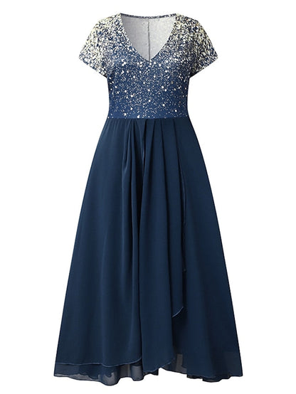 V Patchwork Line Midi A Gown with 2024 Blue Chiffon Navy Color Warm-Season - Neck Women's and Gown Gradient Spring Party - S-3XL