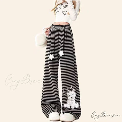 Dog Print Striped Fleece Relaxed Pants pants-241228
