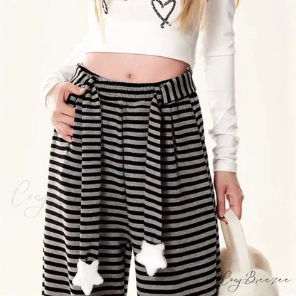 Dog Print Striped Fleece Relaxed Pants pants-241228