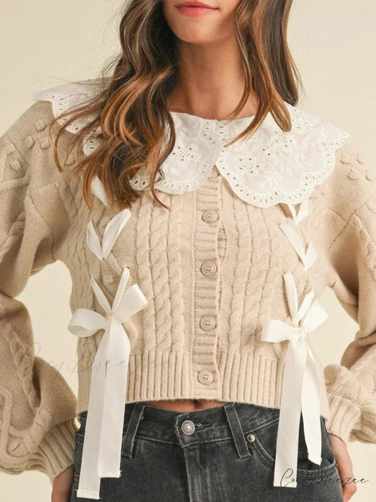 Doll Collar Tie-Up Full Sleeve Knit Cardigan white / S cardigans-241228