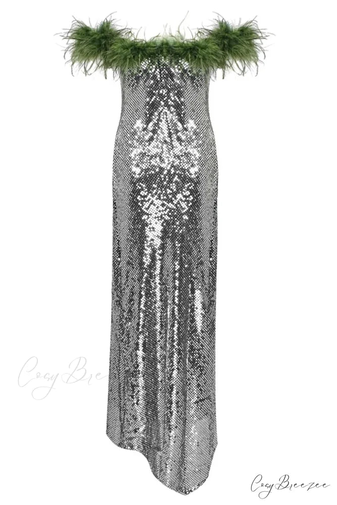 Dolly Feather Trimmed Trendy Sequin Maxi Dress