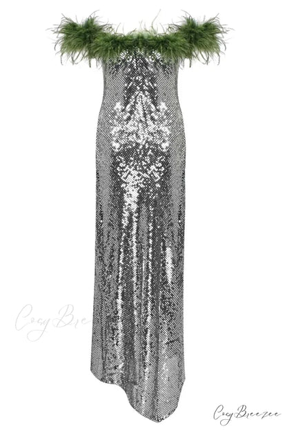 Dolly Feather Trimmed Trendy Sequin Maxi Dress