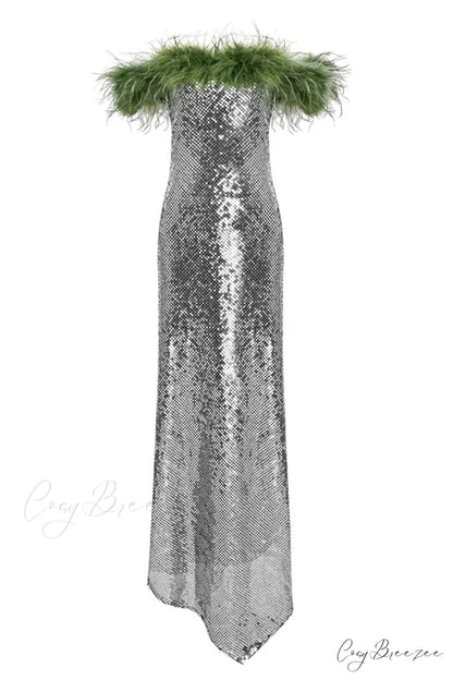 Dolly Feather Trimmed Trendy Sequin Maxi Dress