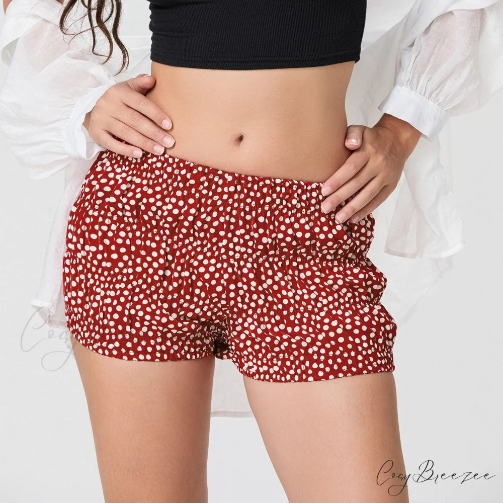 Dot Print Ruched Elastic Waist Shorts red / S short-250223
