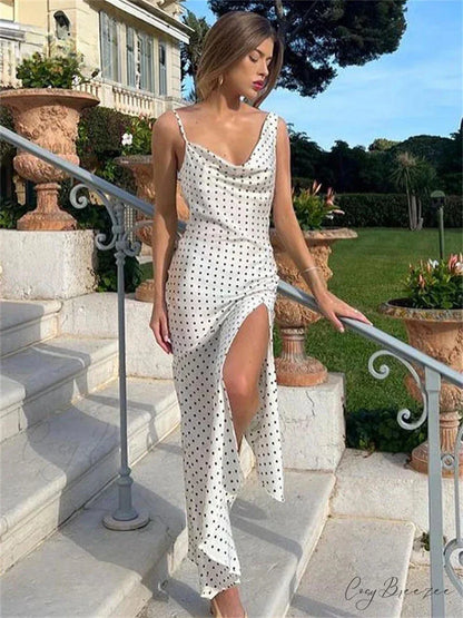 Dot Print Swinging Neck Backless Summer Women Sleeveless Split es Casual Midi Dress WHITE / S