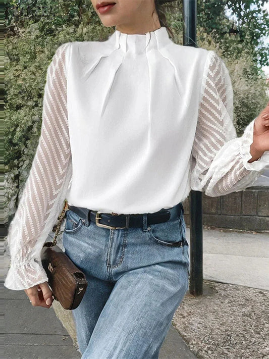 Dotted Pleated Mock-neck Long Sleeve Elegant Blouse blouse-250126