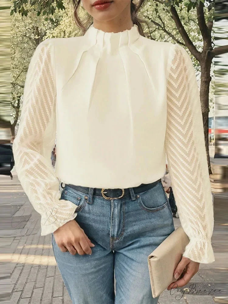 Dotted Pleated Mock-neck Long Sleeve Elegant Blouse blouse-250126