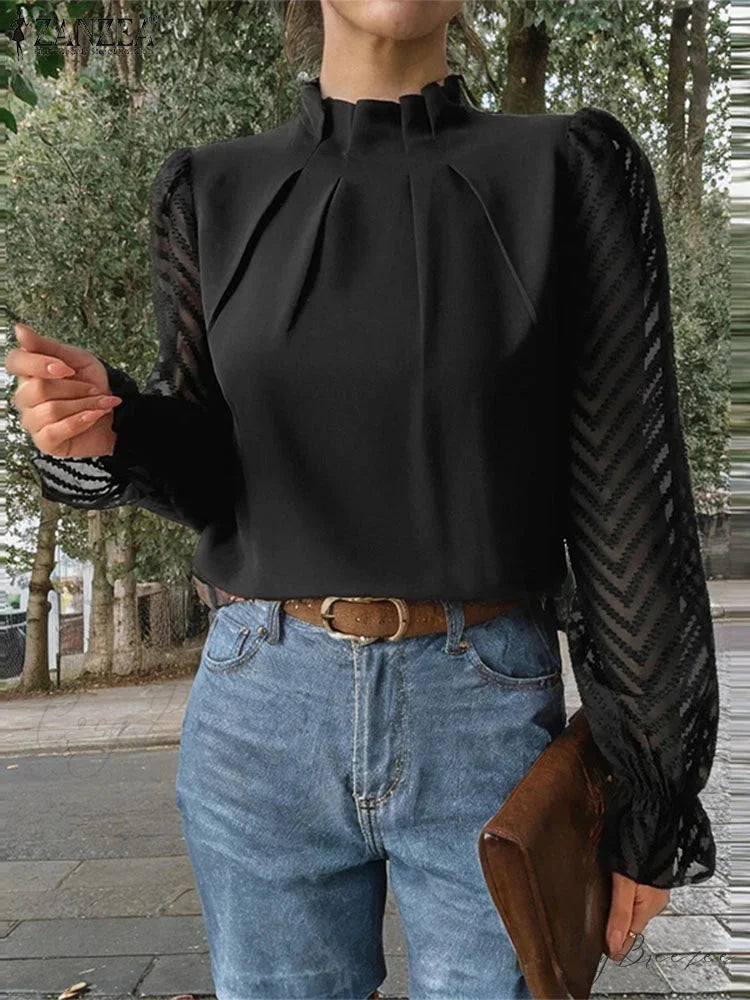 Dotted Pleated Mock-neck Long Sleeve Elegant Blouse Black / S blouse-250126