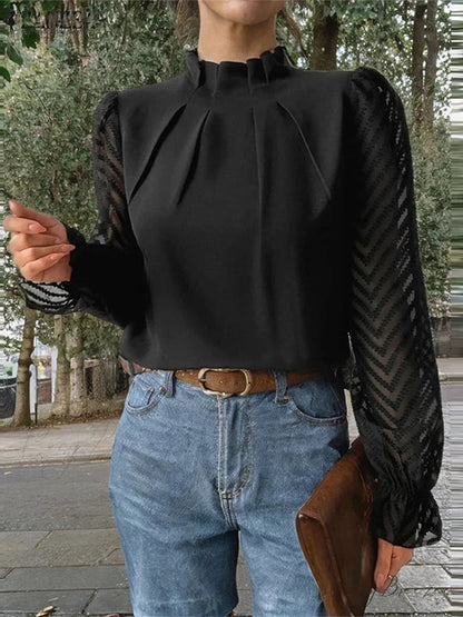 Dotted Pleated Mock-neck Long Sleeve Elegant Blouse Black / S blouse-250126