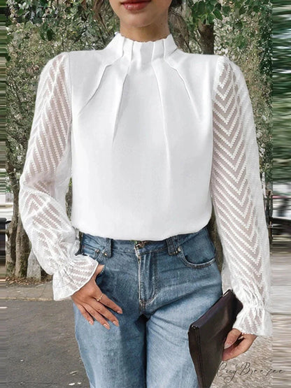 Dotted Pleated Mock-neck Long Sleeve Elegant Blouse WHITE / S blouse-250126