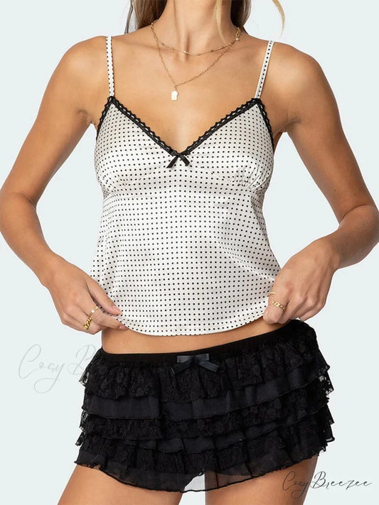 Dotted Print Satin Lace Crop Top white / S croptop-250223