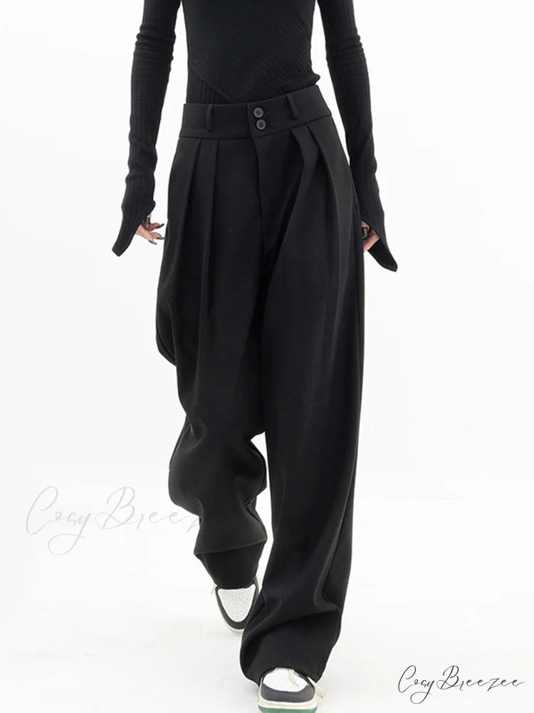 Double Buttons Wide Trendy Leg Dress Pants Black / XS