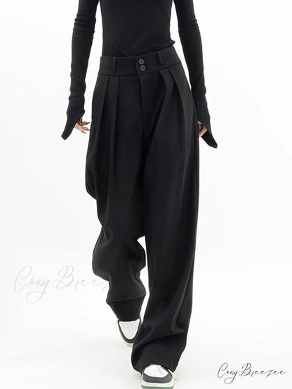 Double Buttons Wide Trendy Leg Dress Pants Black / XS