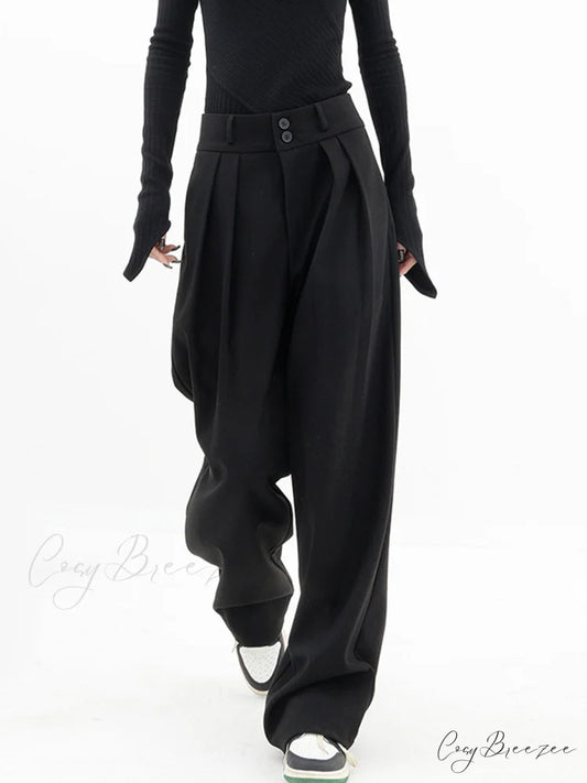 Double Buttons Wide Trendy Leg Dress Pants Black / XS