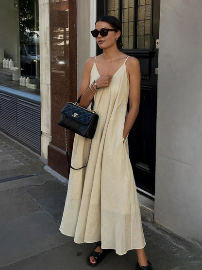 Double Layers Graceful V-neck Long Dress Apricot / XS