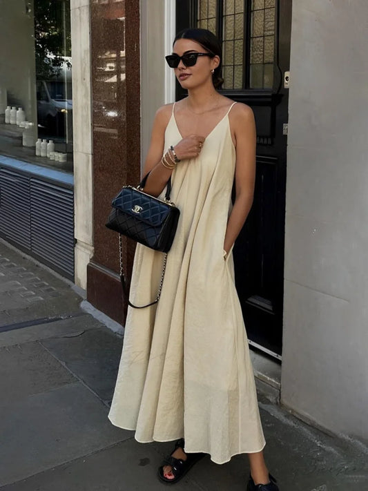 Double Layers Graceful V-neck Long Dress Apricot / XS