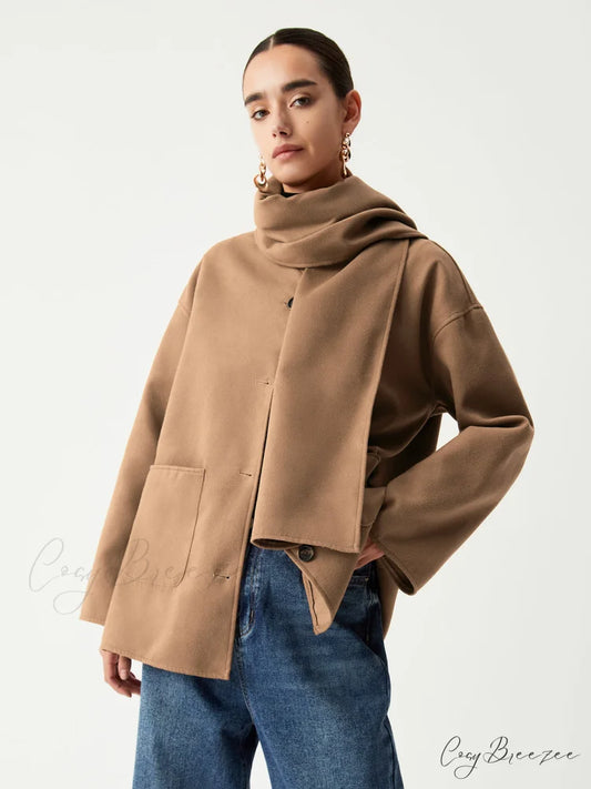 Double Pockets Cotton Blend Modern Jacket With Matching Scarf Brown / S
