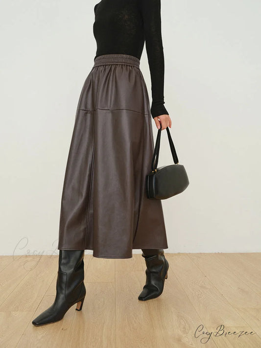 Double Pockets Graceful Leather Maxi Skirt Dark Brown / XS