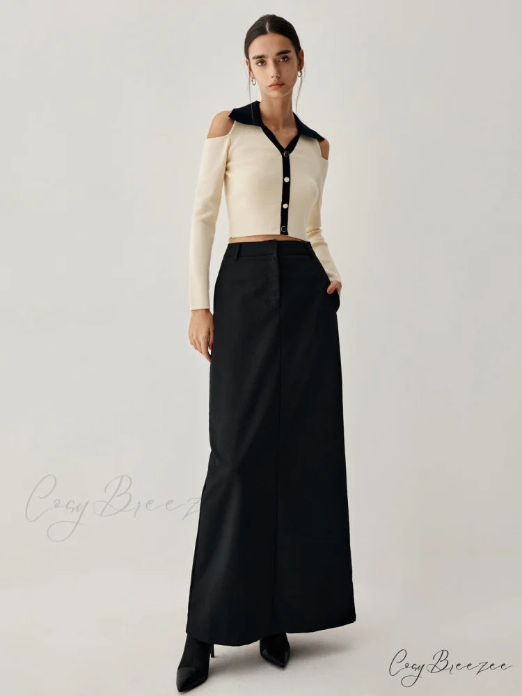 Double Pockets High Trendy Waist Maxi Skirt