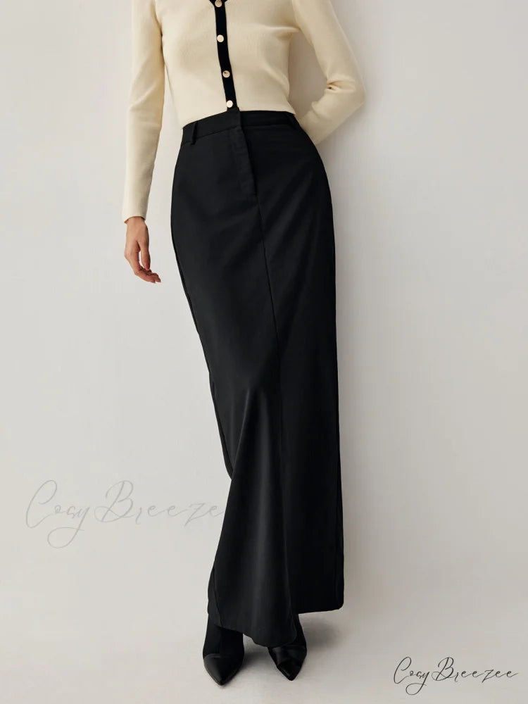 Double Pockets High Trendy Waist Maxi Skirt Black / XS