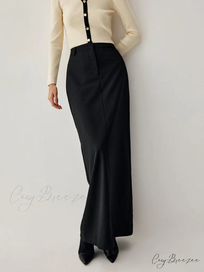 Double Pockets High Trendy Waist Maxi Skirt Black / XS